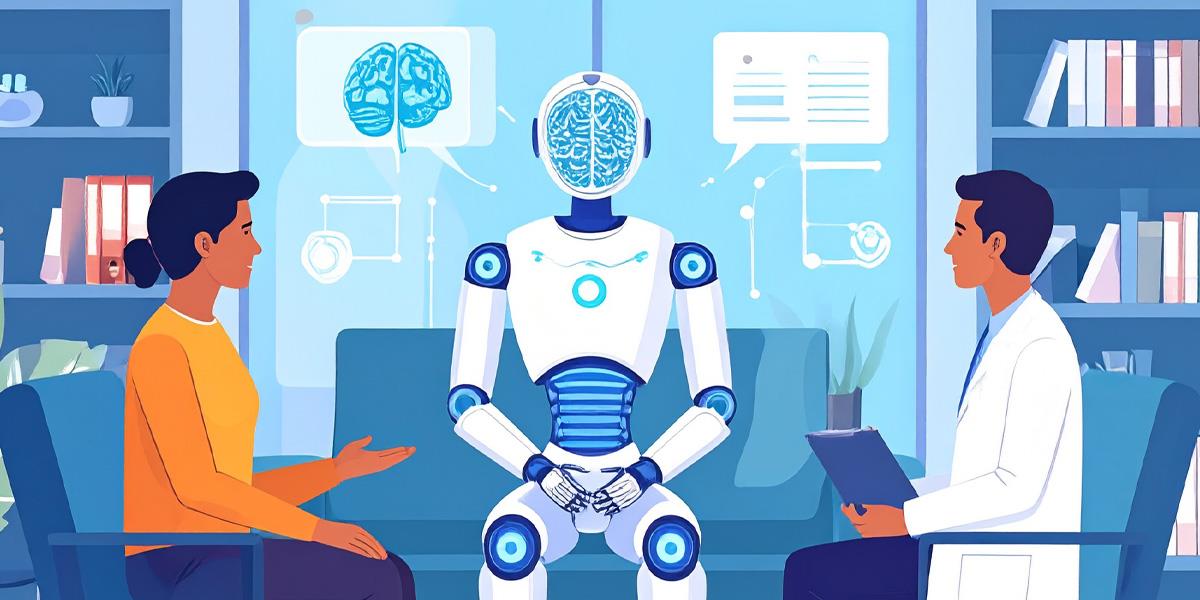 Illustration of a futuristic therapy session where a humanoid robot sits between a female patient and a male provider in an office setting. The robot has a brain displayed on its screen-like head, symbolizing artificial intelligence. Digital icons of a brain and data flow diagrams appear in the background, suggesting AI-assisted healthcare and decision-making. 